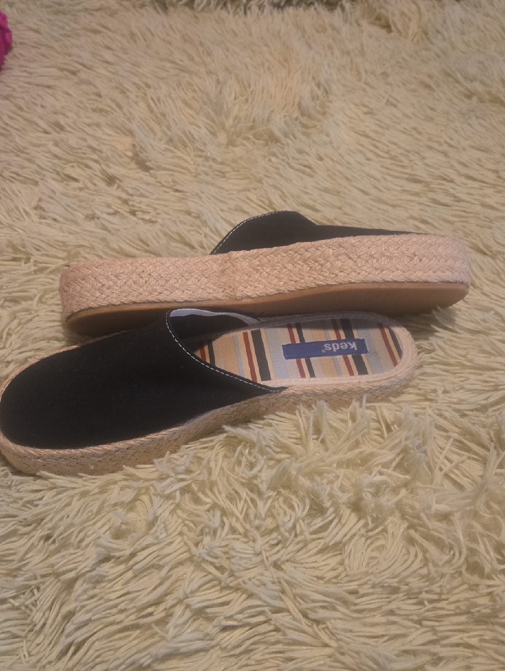 Keds Black Slip-On Espadrille Mule with Striped Insole